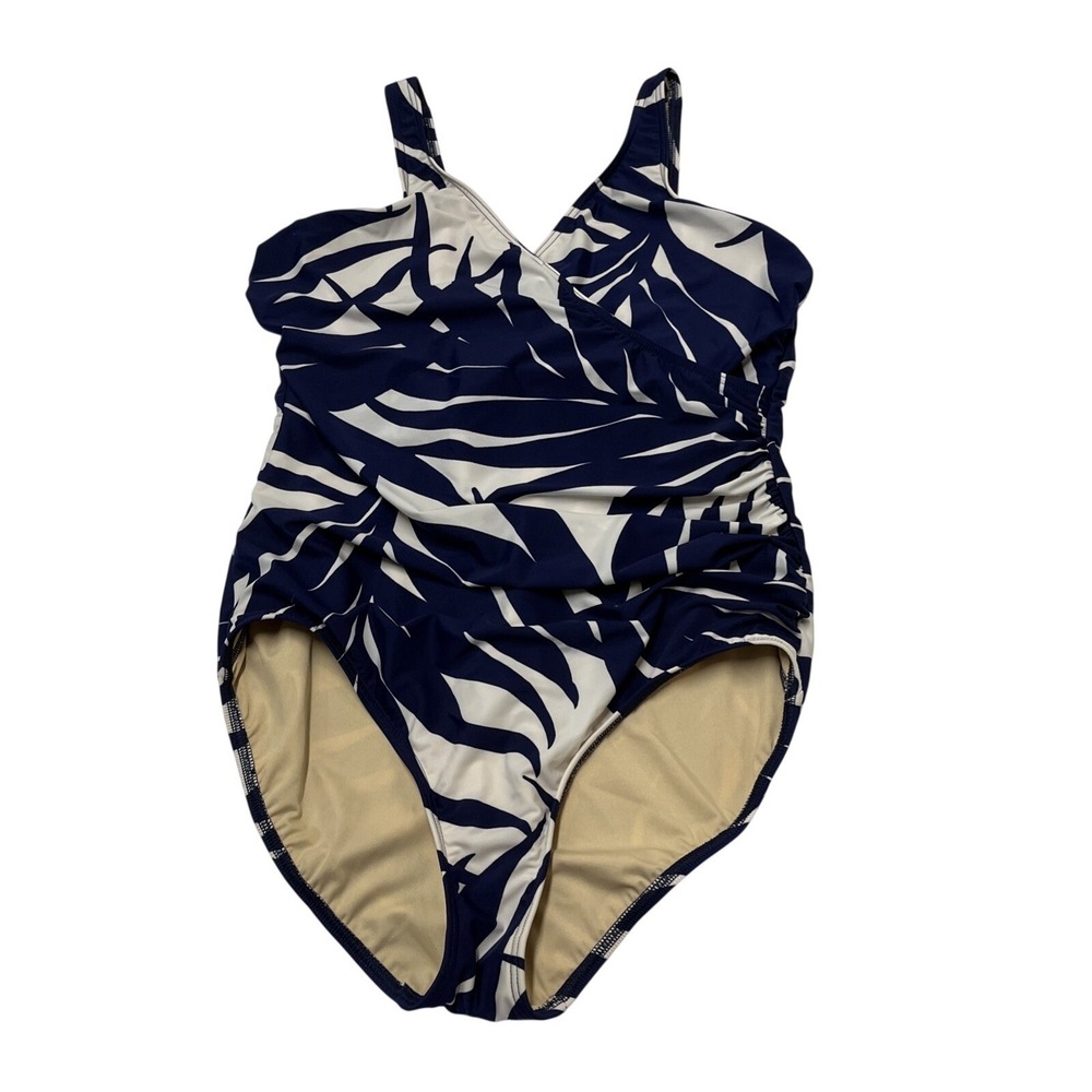 Miraclesuit Swimsuit Blue Tropical One Piece Crossover Slimming 18DD Vacation